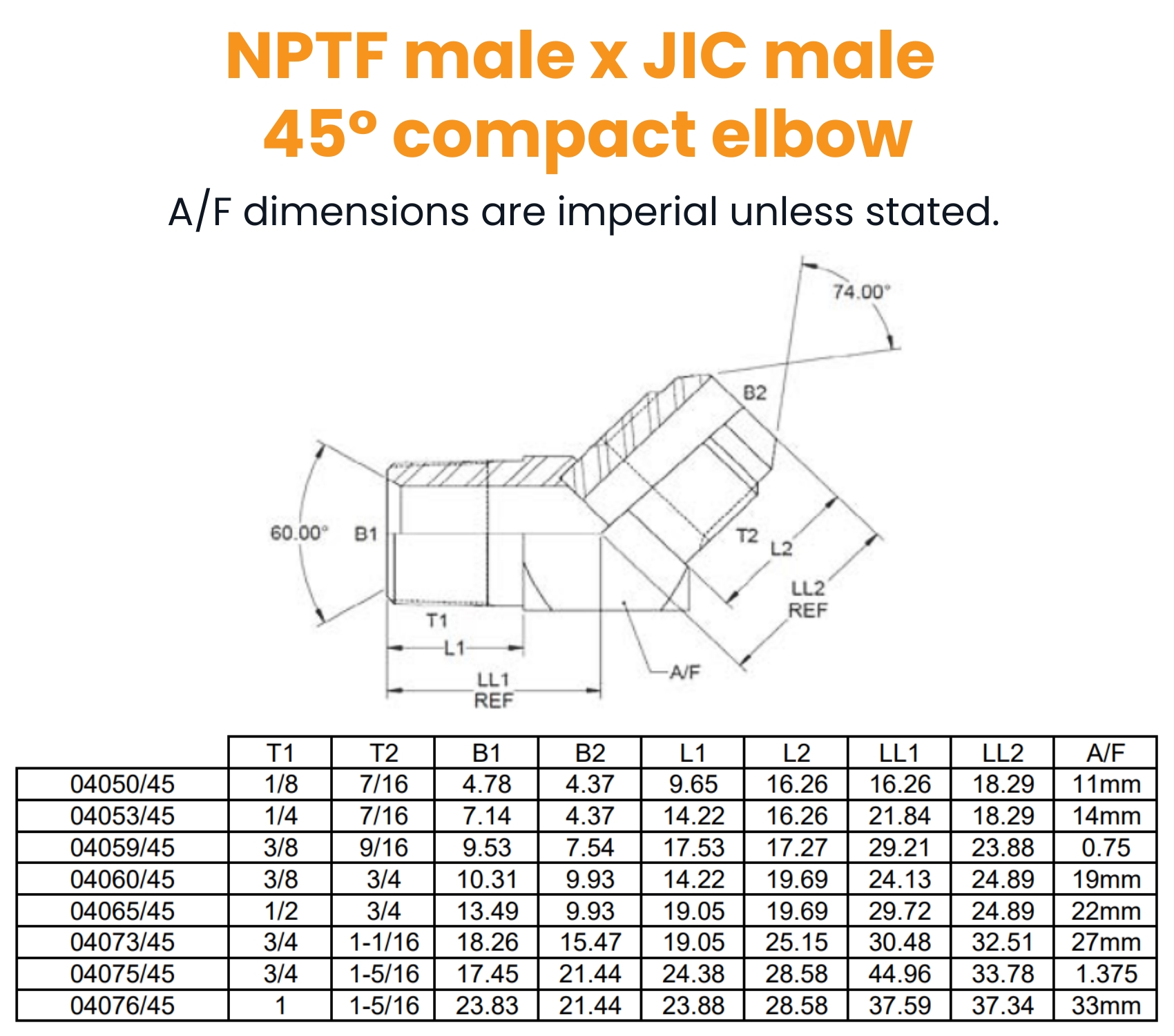 1/8 NPTF x 7/16 JIC M/M 45° Compact Hydraulic Adaptor